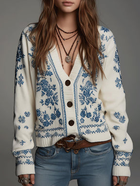 Herbstlicher Strickcardigan mit floralem Muster - Warm, elegant & pflegeleicht