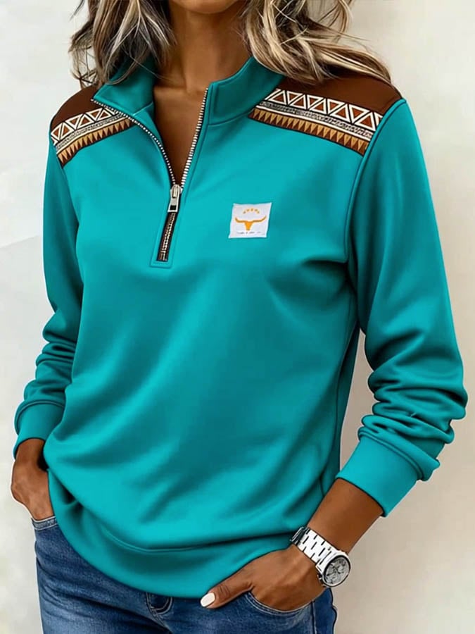 Kuschelweiches Damen Winter Sweatshirt Türkis mit Half Zip