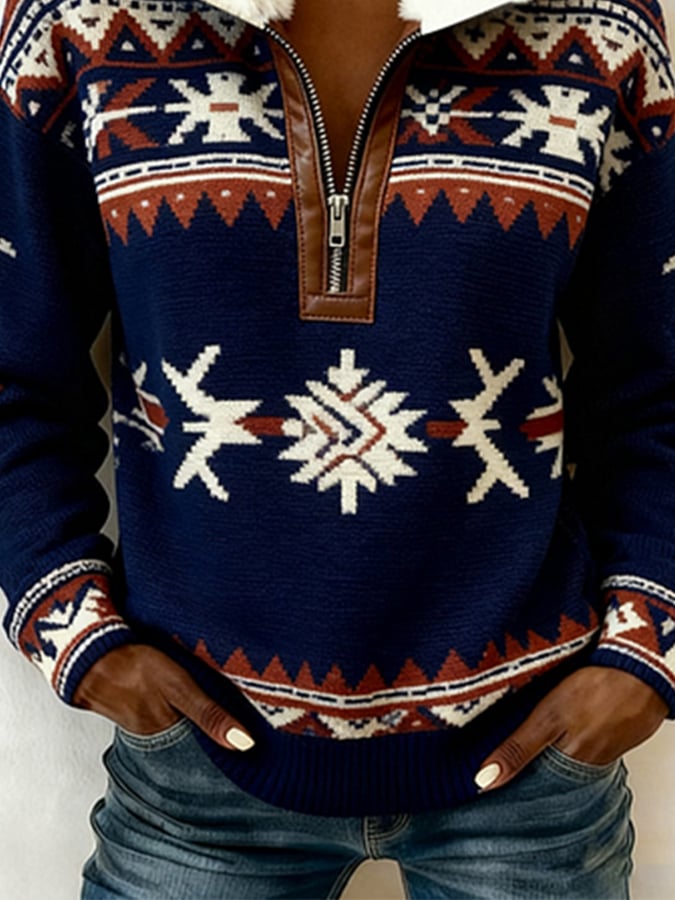 Damen Winter Pullover Navy mit Teddykragen & Norweger Muster