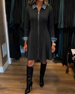 Winter-Chic: Groovy Color Block Mini-Kleid mit Denim-Kragen