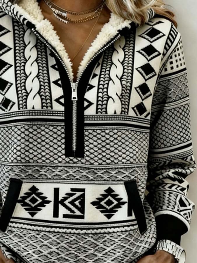 Kuscheliger Ethno Hoodie Winter Street Style Schwarz Weiß