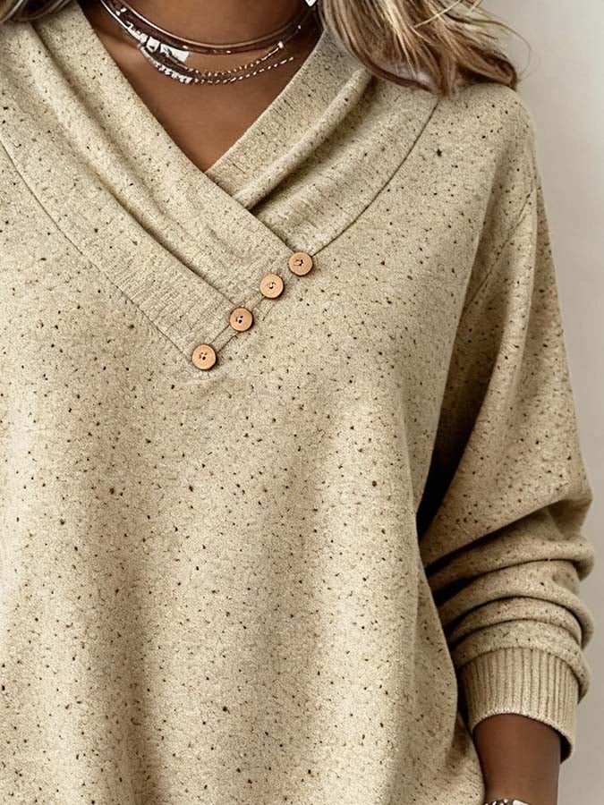 Sandbeiger Damen Winter Pullover mit V-Ausschnitt & Knöpfen