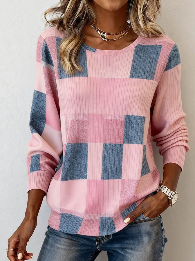 Kuschelweicher Winter Patchwork Pullover rosa-blau Damen