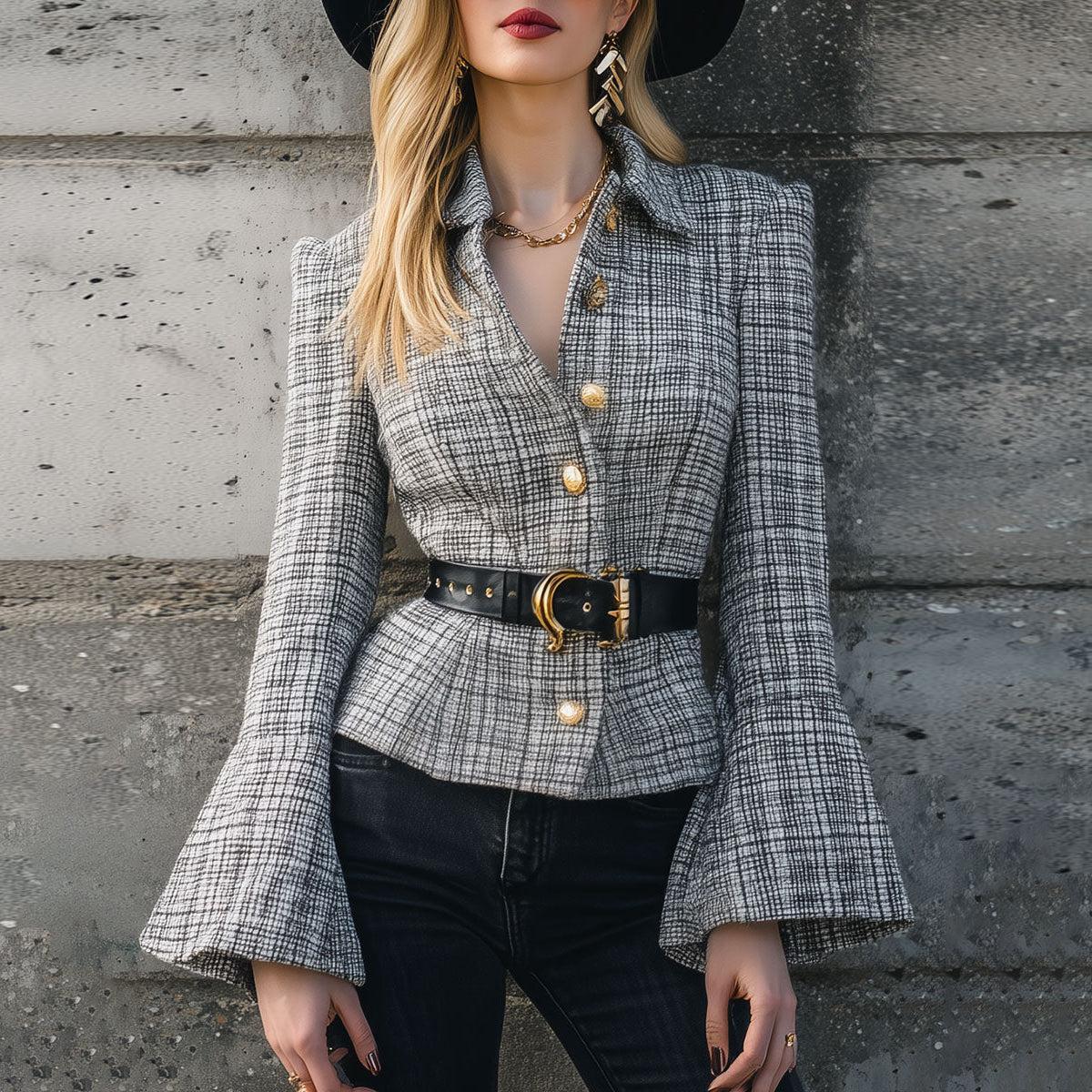 Moderner Grau Kariert Peplum Blazer - Stilvolle Eleganz für den Herbst