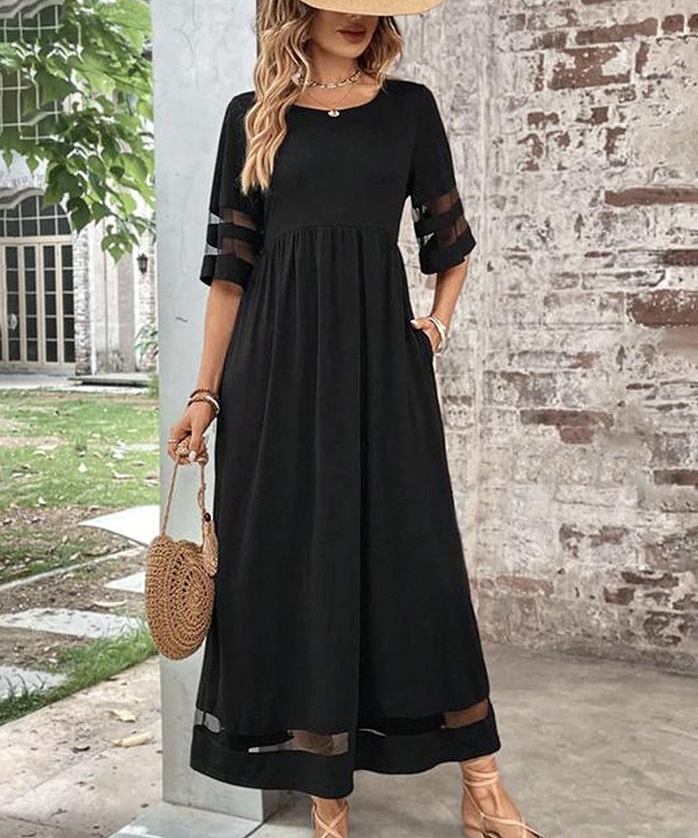 Stylisches Cool Plain Black Maxi Dress - Herbstsfrischer Komfort mit Eleganz