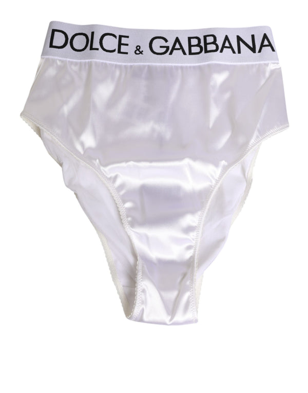 Dolce & Gabbana Weißer Satin-Slip mit hoher Taille Logo Damen Unterwäsche