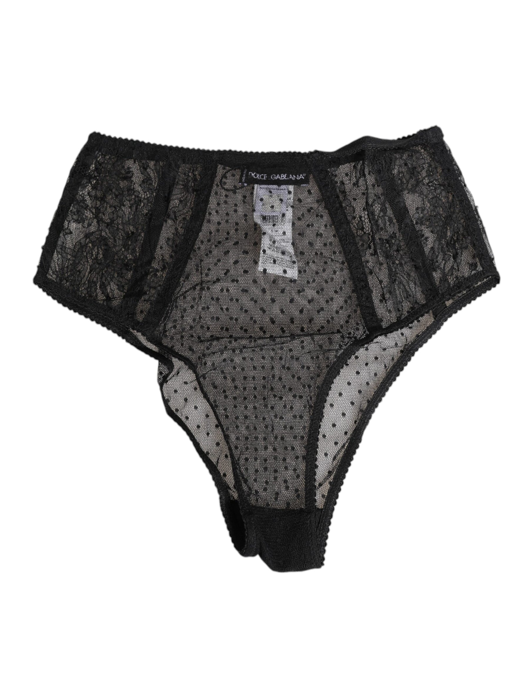 Dolce & Gabbana Schwarze Spitze Polka Dot Mesh High Waist Unterwäsche