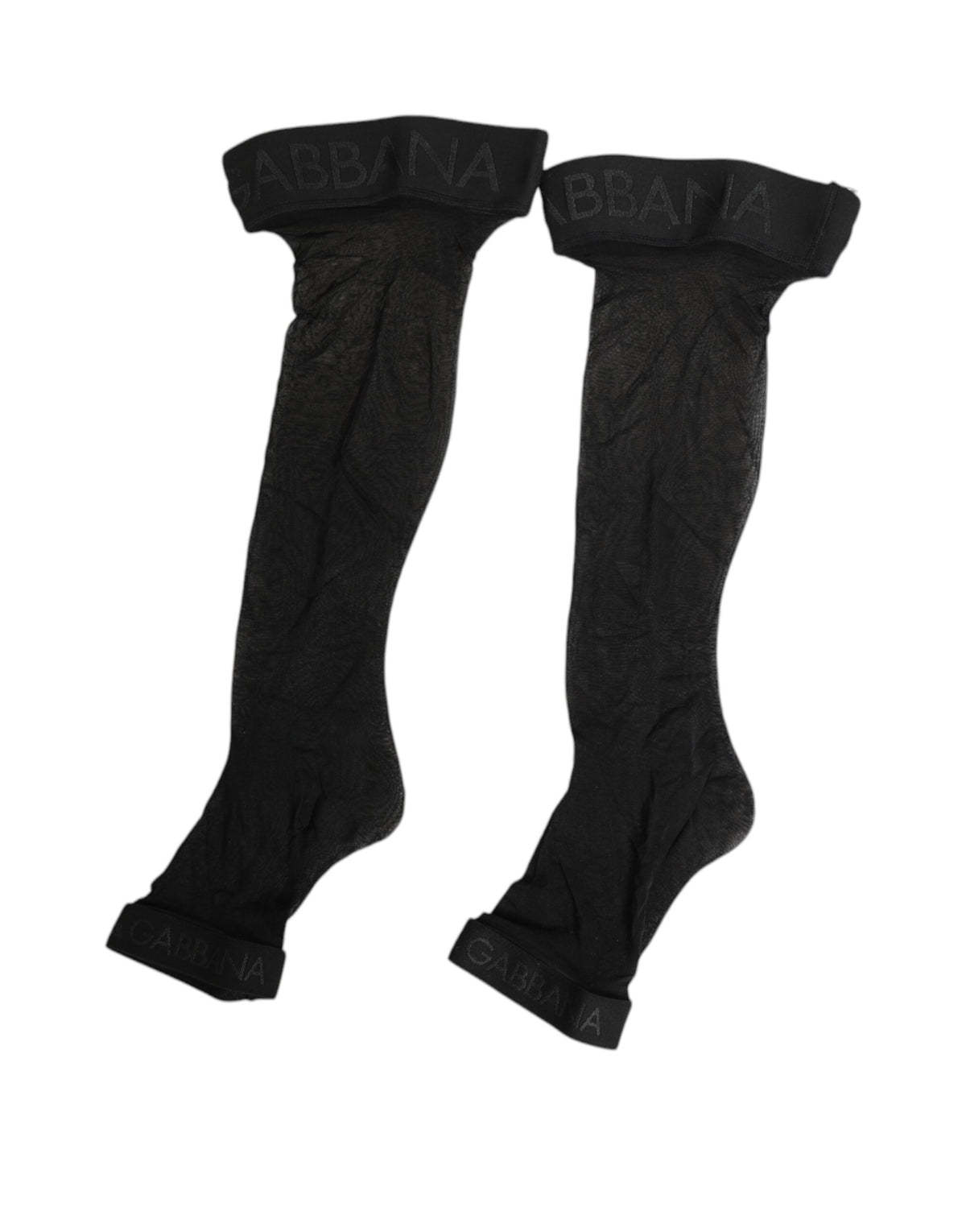 Dolce & Gabbana Schwarze Strümpfe mit transparentem Nylon-Logo-Band über dem Knie