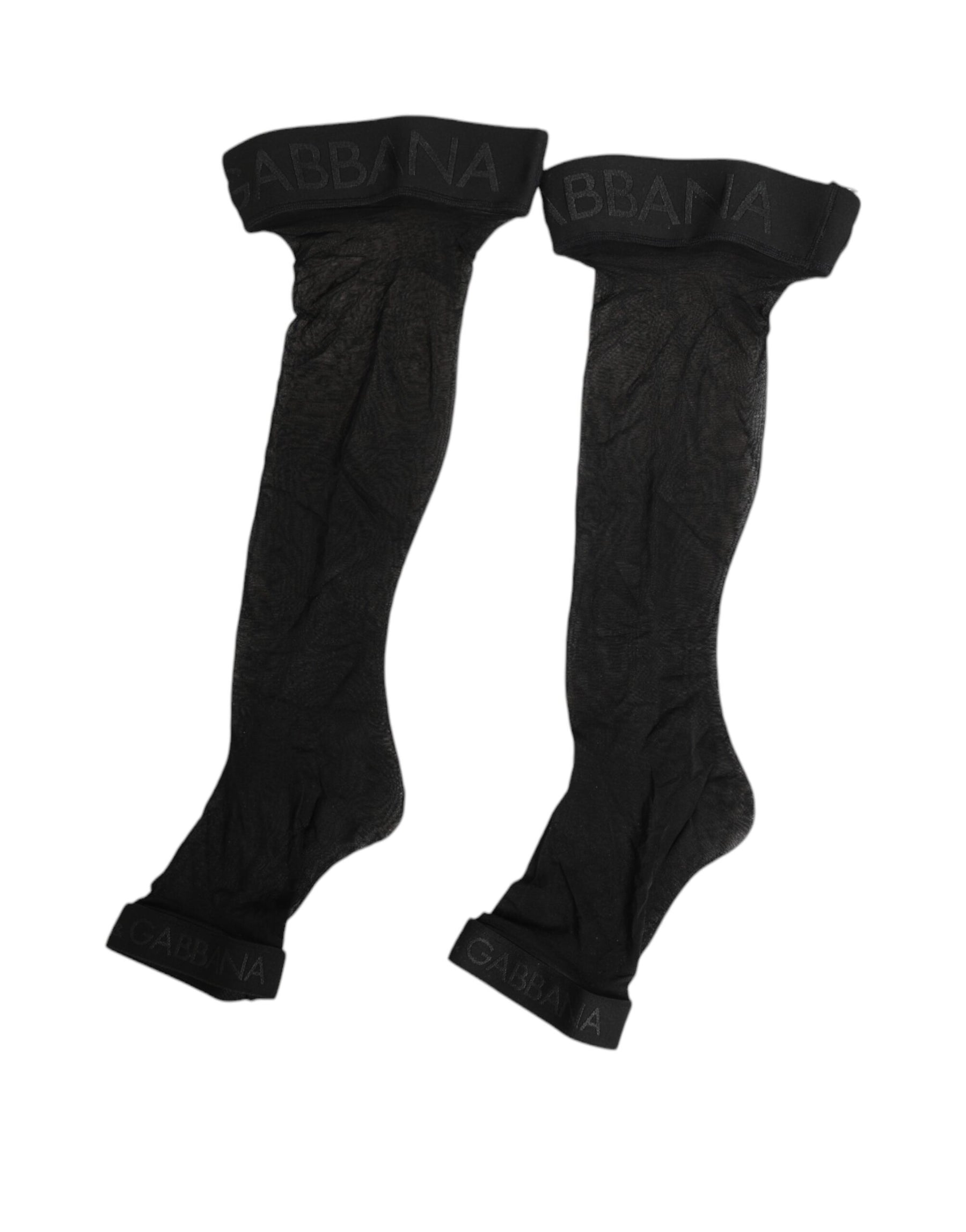Dolce & Gabbana Schwarze Strümpfe mit transparentem Nylon-Logo-Band über dem Knie