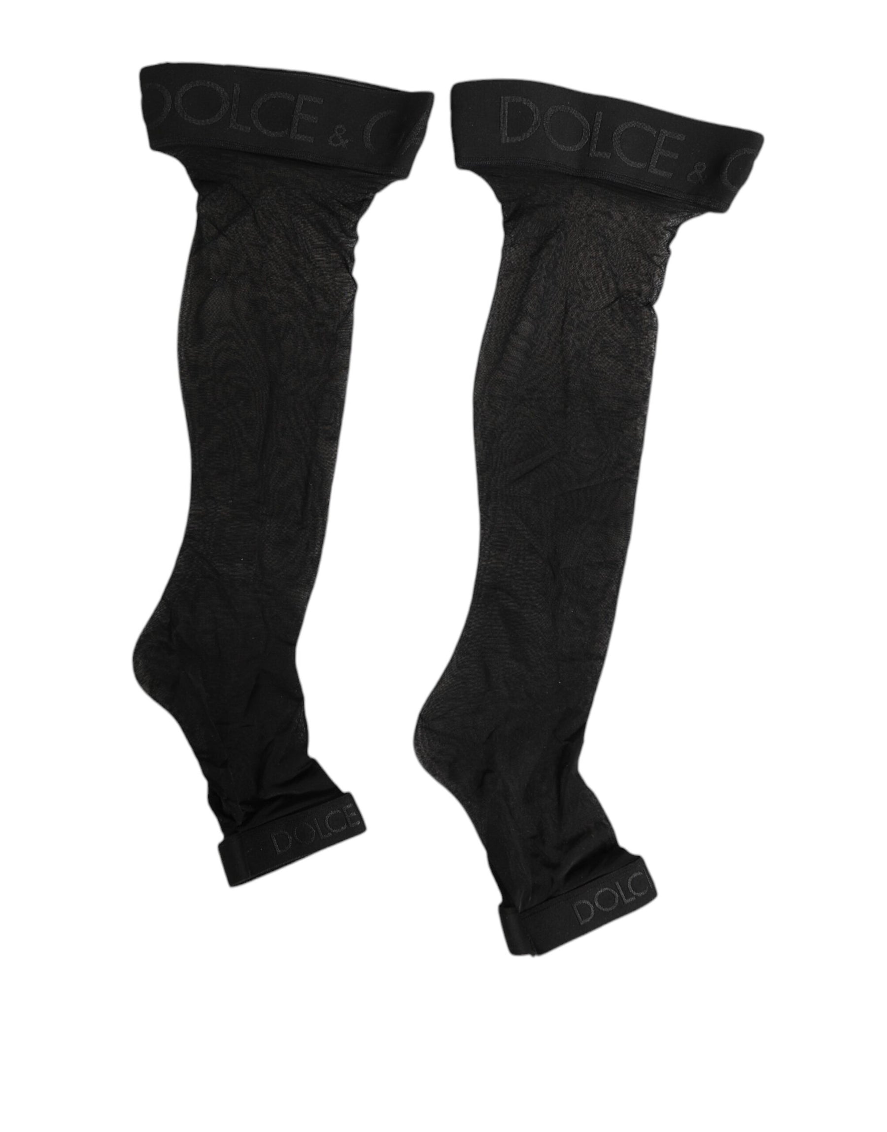Dolce & Gabbana Schwarze Strümpfe mit transparentem Nylon-Logo-Band über dem Knie