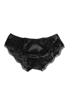 Dolce & Gabbana Schwarzer Seidensatin Spitzenbesatz Panty Unterwäsche