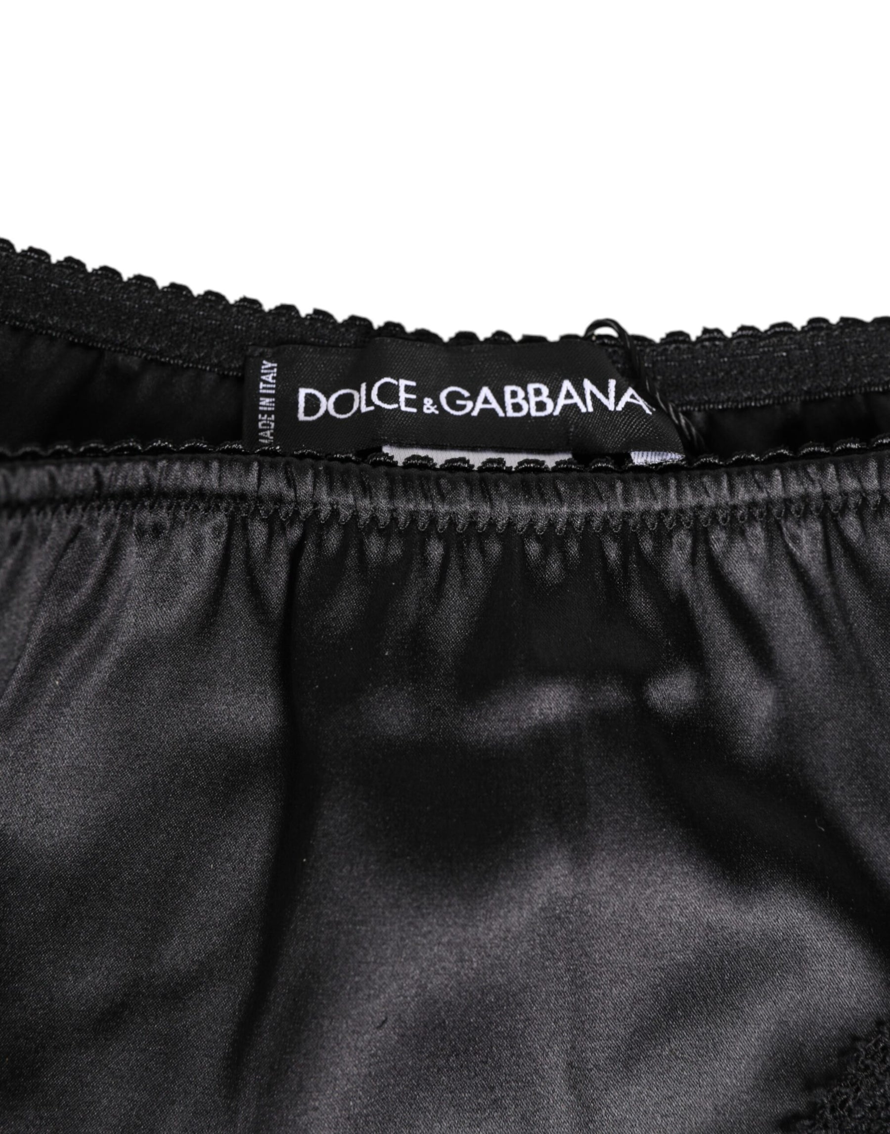 Dolce & Gabbana Schwarzer Seidensatin Spitzenbesatz Panty Unterwäsche