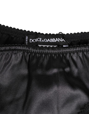 Dolce & Gabbana Schwarzer Seidensatin Spitzenbesatz Panty Unterwäsche