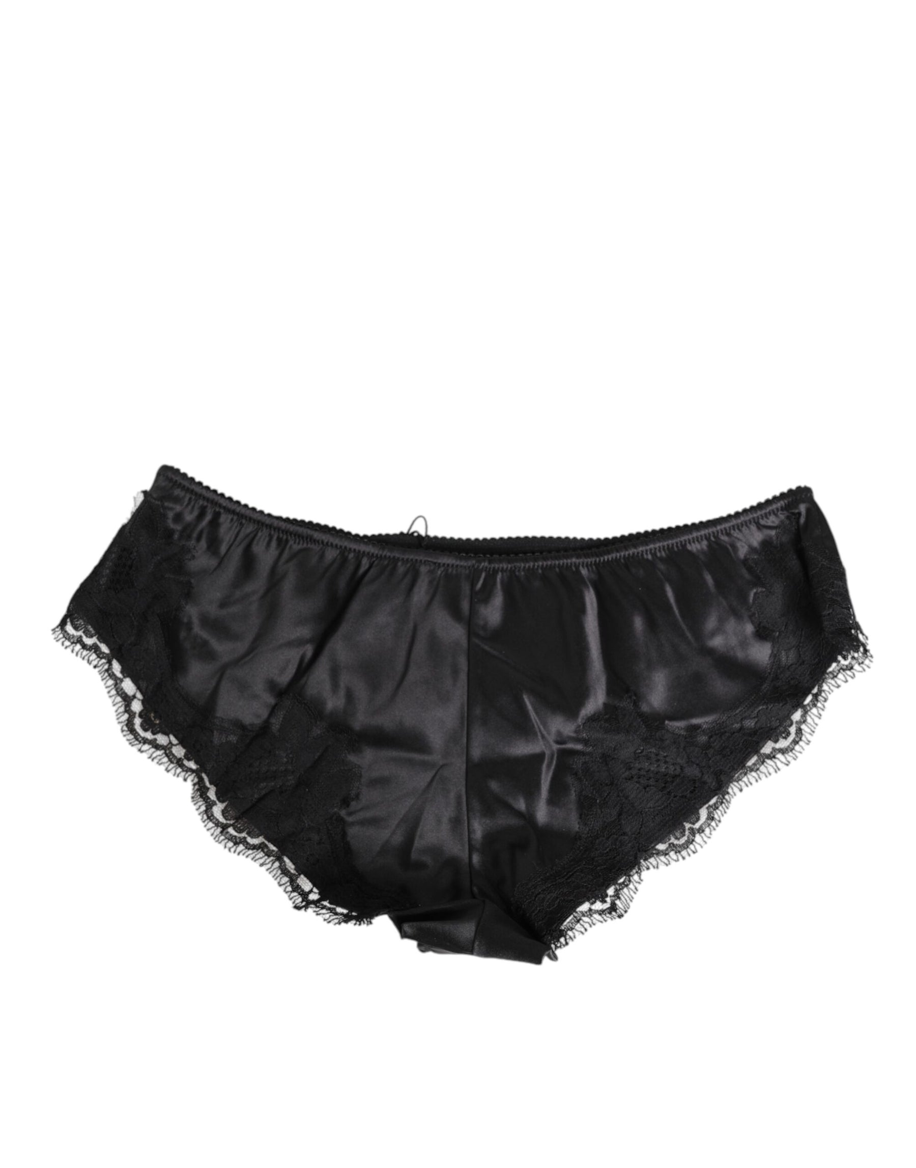Dolce & Gabbana Schwarzer Seidensatin Spitzenbesatz Panty Unterwäsche