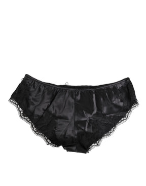 Dolce & Gabbana Schwarzer Seidensatin Spitzenbesatz Panty Unterwäsche