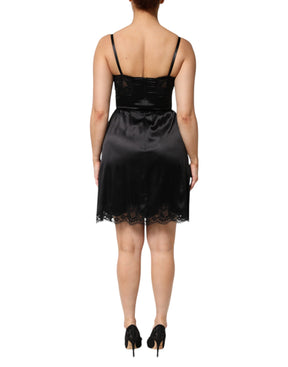 Dolce & Gabbana Schwarzes ärmelloses Minikleid mit Spitzenbesatz aus einer Seidenmischung