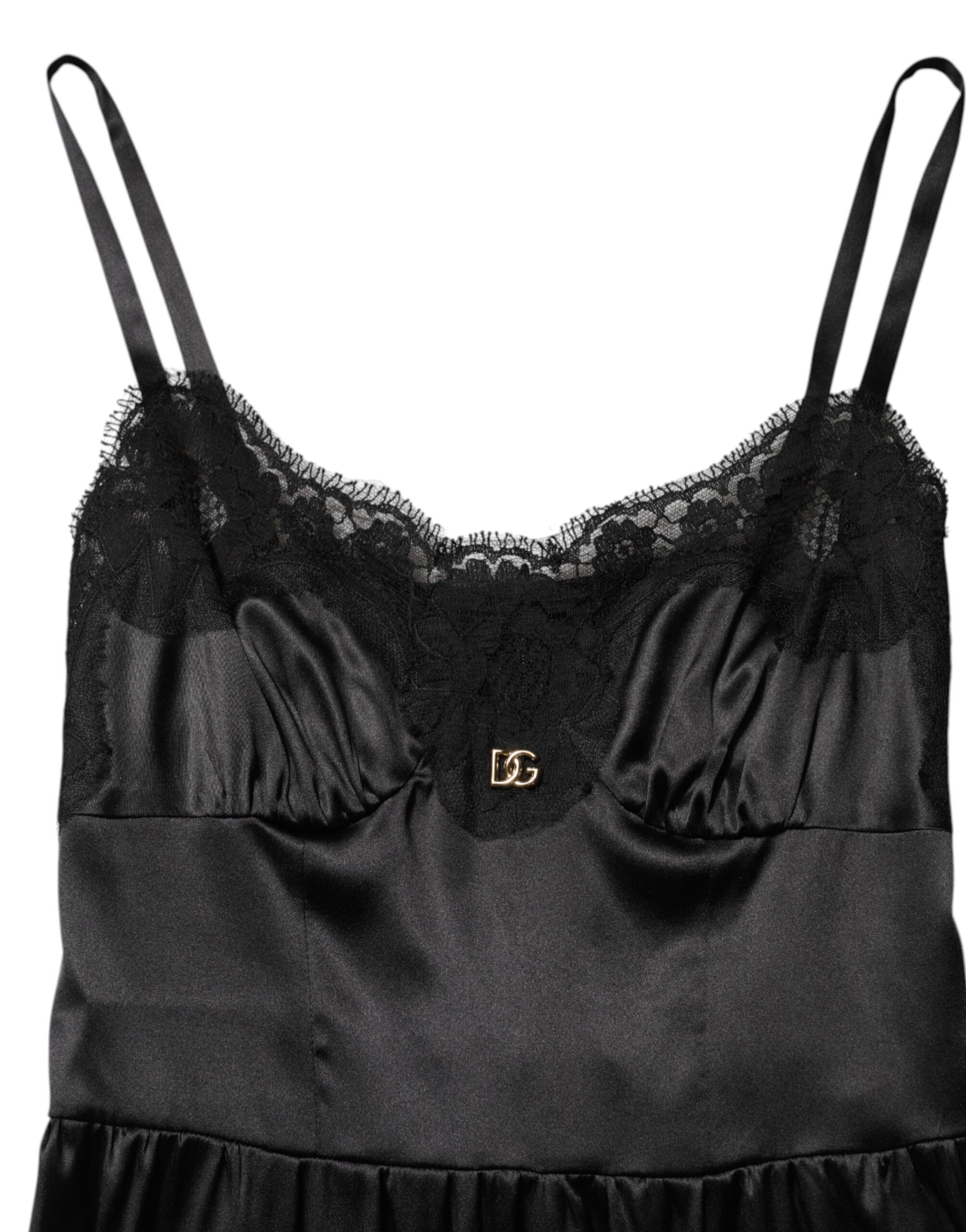 Dolce & Gabbana Schwarzes ärmelloses Minikleid mit Spitzenbesatz aus einer Seidenmischung