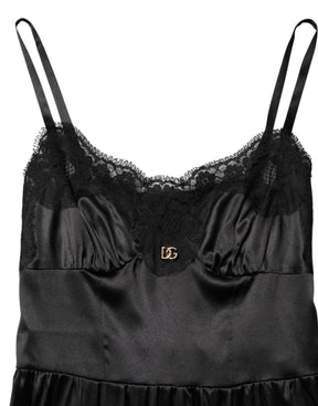 Dolce & Gabbana Schwarzes ärmelloses Minikleid mit Spitzenbesatz aus einer Seidenmischung