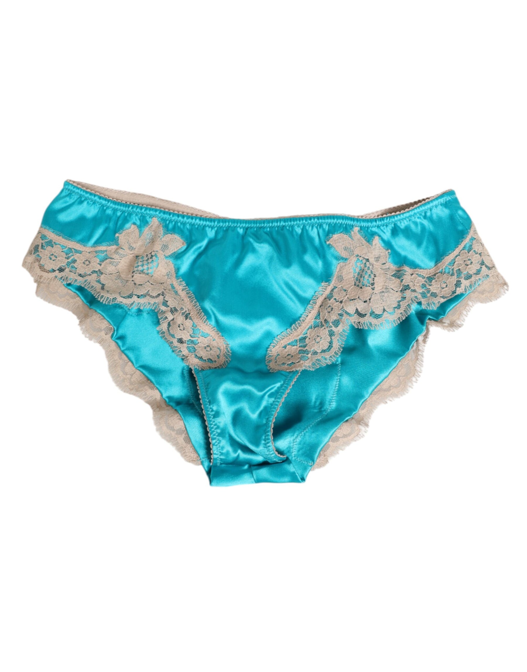 Dolce & Gabbana Blauer Seidensatin mit floralen Spitzenbesätzen Neuer Slip Unterwäsche