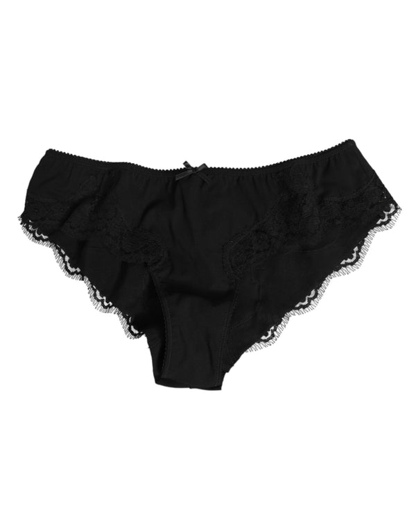 Dolce & Gabbana Schwarzer Seidensatin Floral Spitze Panty Slip Unterwäsche