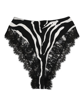 Dolce & Gabbana Schwarze Seiden-Zebra-Druck-Spitzenunterwäsche mit hoher Taille
