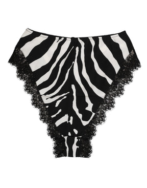Dolce & Gabbana Schwarze Seiden-Zebra-Druck-Spitzenunterwäsche mit hoher Taille