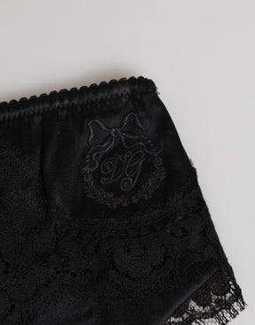 Dolce & Gabbana Schwarzer Seidensatin Floral Spitze Panty Slip Unterwäsche