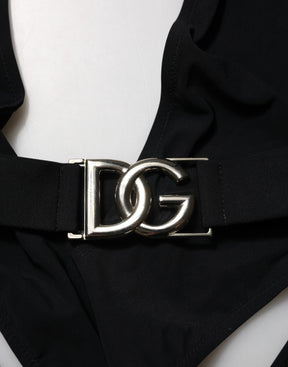 Dolce & Gabbana Schwarzer Nylon-Badeanzug mit tiefem V-Ausschnitt