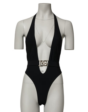Dolce & Gabbana Schwarzer Nylon-Badeanzug mit tiefem V-Ausschnitt