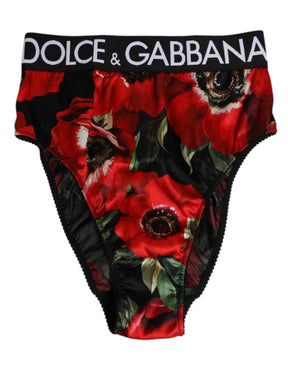 Dolce & Gabbana Schwarze Floral Print High Waist Panty Unterwäsche
