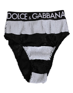Dolce & Gabbana Schwarz Weiß Pailletten Hohe Taille Panty Unterwäsche