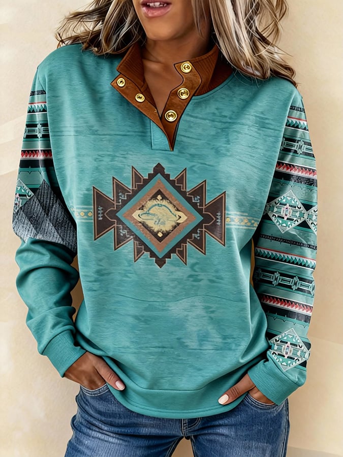 Türkises Boho Sweatshirt Winter warm mit Azteken-Print