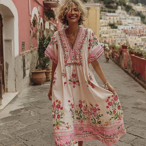 Herbstshaftes Midi-Kleid mit Kurzarm in Rosa - Perfekt für warme Tage
