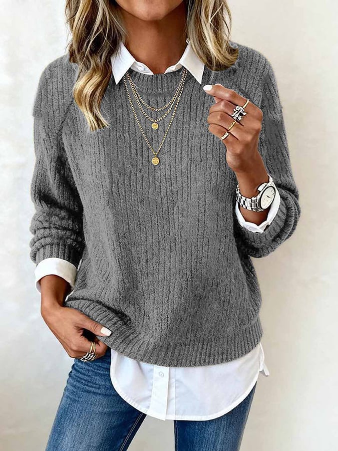 Kuscheliger Damen Winter Pullover grau Rundhals in M–5XL