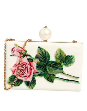 Dolce & Gabbana Weiß Rose Stickerei Seide Gold Frame Clutch Geldbeutel Tasche