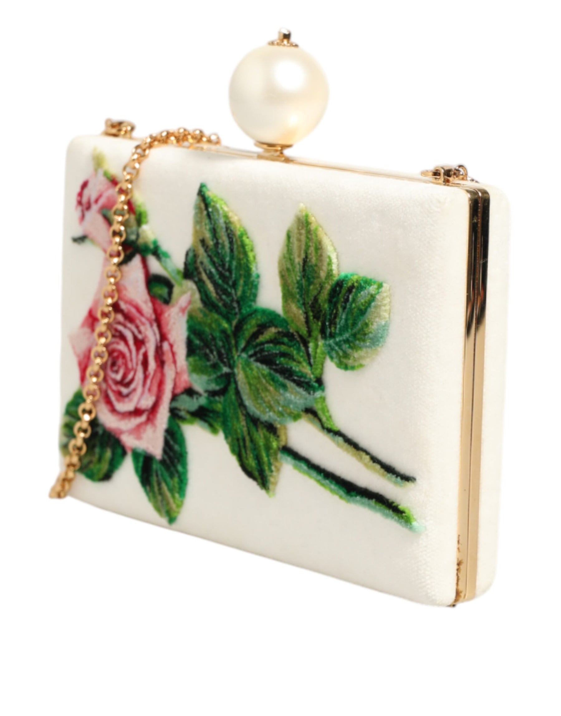 Dolce & Gabbana Weiß Rose Stickerei Seide Gold Frame Clutch Geldbeutel Tasche