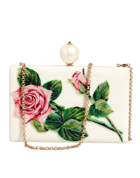 Dolce & Gabbana Weiß Rose Stickerei Seide Gold Frame Clutch Geldbeutel Tasche