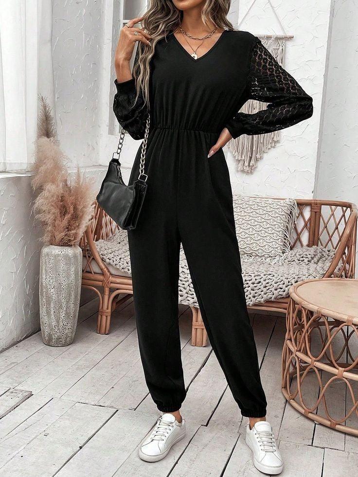 Black Long Sleeve Plain Jumpsuit - Eleganter Herbsts-Style & Vielseitiger Komfort