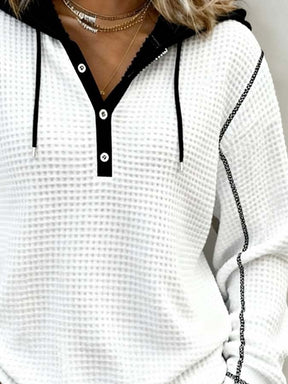 Damen Winter Hoodie Pullover Colorblock Waffelstrick Weiß