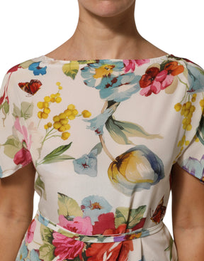 Dolce & Gabbana Weißes Seidenmantelkleid mit Blumenmuster und langem Kleid