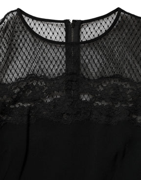 Dolce & Gabbana Schwarzes geblümtes Kleid mit Spitzenbesatz in A-Linie