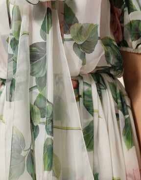 Dolce & Gabbana Weißes Midikleid aus Seide mit Blumendruck und Plissee