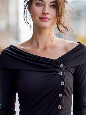 Winter-Eleganz: Cool Black Plain Button Front Top - Perfektes Layering-Piece