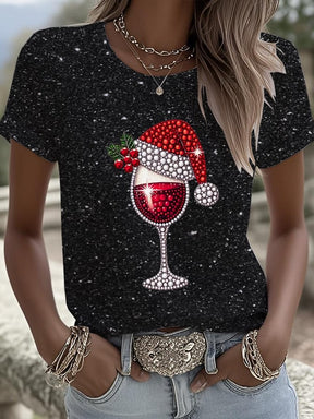 Festliches Strass-Weinglas-T-Shirt - Perfekt für gemütliche Herbsttage