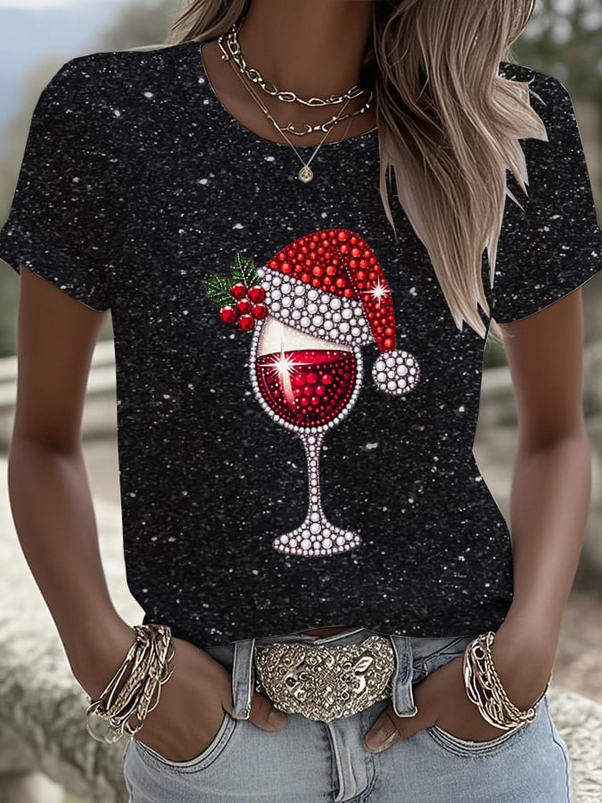 Festliches Strass-Weinglas-T-Shirt - Perfekt für gemütliche Herbsttage