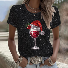 Festliches Strass-Weinglas-T-Shirt - Perfekt für gemütliche Herbsttage
