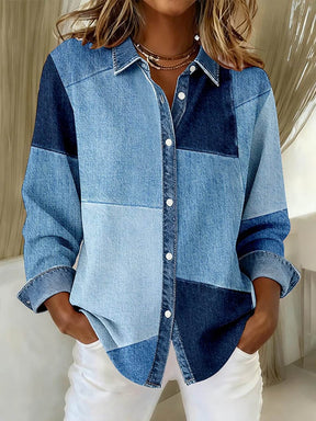 Winter Damen Patchwork Denim Shirt Loose Fit Casual Hemd