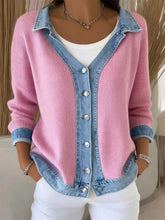 Winter Damen Strick Cardigan Rosa Denim Patchwork Warm