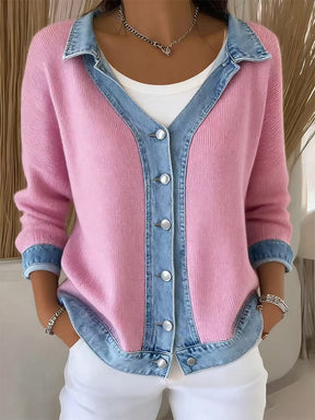 Winter Damen Strick Cardigan Rosa Denim Patchwork Warm