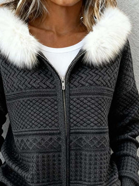 Kuschelige Winter Damen Patchwork Jacke mit Fellkapuze